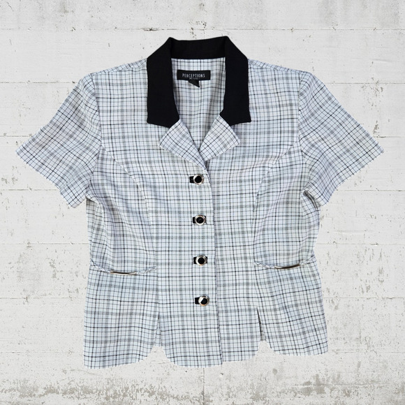 Vintage 90s White Black Graph Check Short Sleeve Button Down Blazer Size 8P - Picture 2 of 9